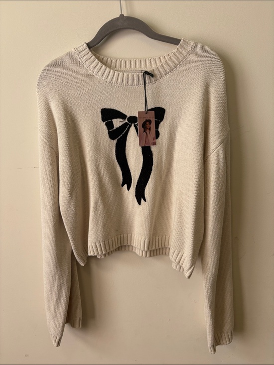 Sincerly Jules Sweaters - Sincerely Jules Cream Crewneck Sweater with Black Bow